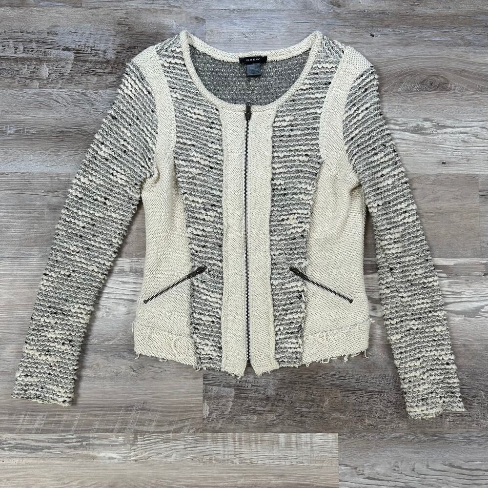 Drew Bouclé Knit Moto Cardigan Cream Gray Textured Zipper Jacket Small